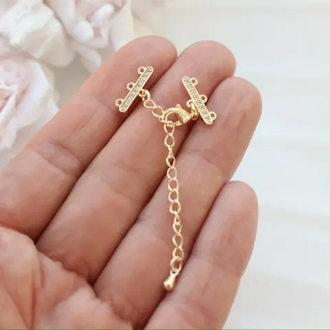 Замочек карабин с коннектором 10*5 мм для многорядных колье, 3 нити, позолота, З079