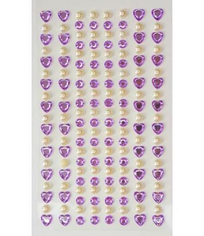 Стразы самоклеющиеся сердечки+жемчуг лиловые 152 шт