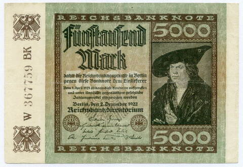Банкнота Германия 5000 марок 1922 год W 367759 BK. VF