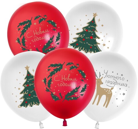 К512 12''/30 см, С Новым Годом!, Белый/Красный, пастель, 2 ст, 25 шт.