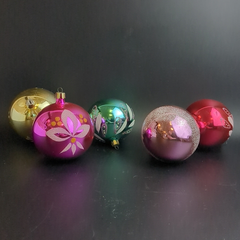 Ёлочные игрушки набор из 5 шариков, стекло, роспись ручная, узоры, подвесные, винтаж СССР 1970-1990 гг