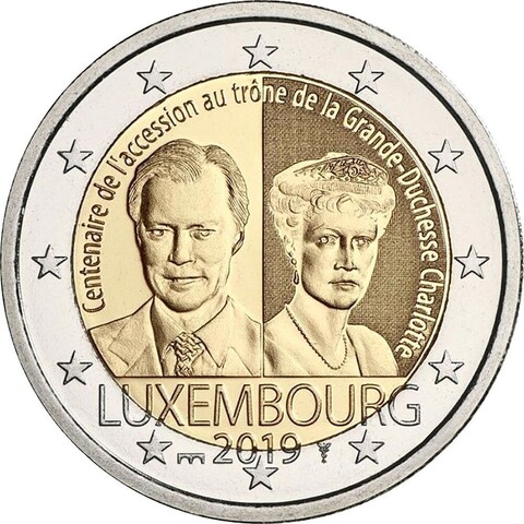 2 евро. 100-летие вступления на престол Великой Герцогини Шарлотты. Люксембург. 2019 год