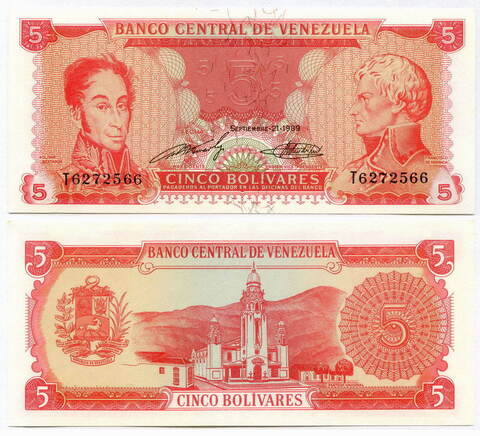 Банкнота Венесуэла 5 боливаров 1989 год. UNC