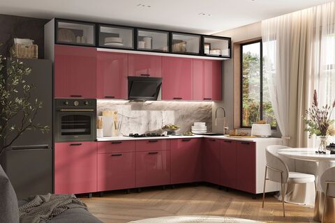 Кухня Техно 3,0х1,8/1080м Компоновка №8 (Марсала глянец, Белый (Антарес))