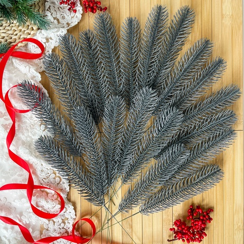 Еловая ветка, еловые лапки, рождественский декор, цвет под серебро, 1 лапка 30 см, набор 20 шт.
