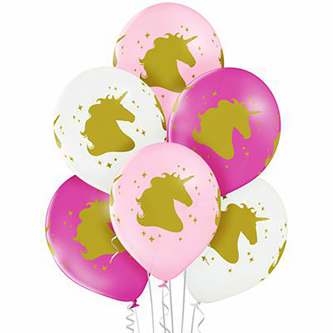 Воздушные шары с гелием с золотым Единорогом в бело-розовой гамме.