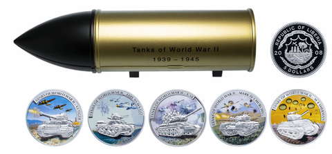 Набор из 5 монет 5 долларов. Танки Второй мировой войны. Либерия. 2008 год