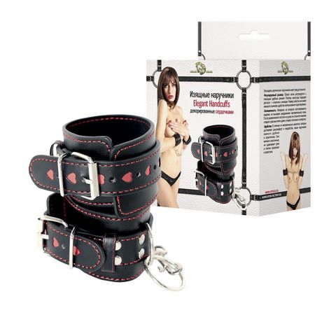 Чёрные наручники с красными сердечками на манжетах - Джага-Джага BDSM 910-01 BX DD