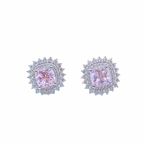 85429 - Серьги-пусеты из серебра с розовыми куб.цирконами и  с двойными рядом фианитов