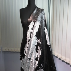 Ткань  пайетки двусторонние черно-серебряные матовые 3188