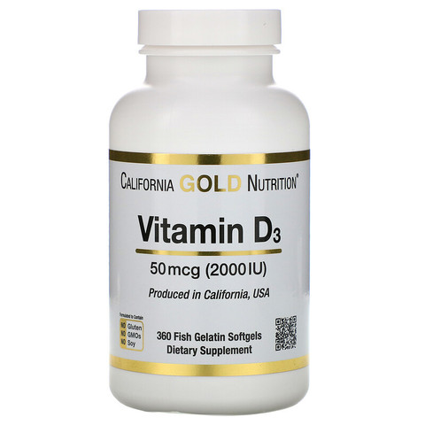 California Gold Nutrition, Витамин D3, 50 мкг (2000 МЕ), 360 капсул из рыбного желатина