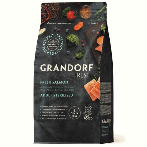 Grandorf Fresh сухой корм для стерилизованных кошек свежее филе лосося с бататом 400 гр