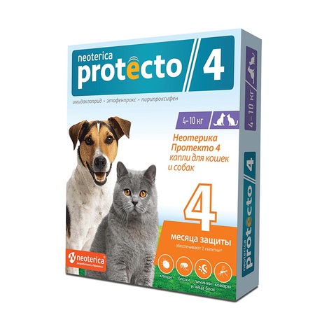Капли на холку от блох и клещей Neoterica Protecto, 4-10 кг для кошек и собак, 2 п. (Протекто)