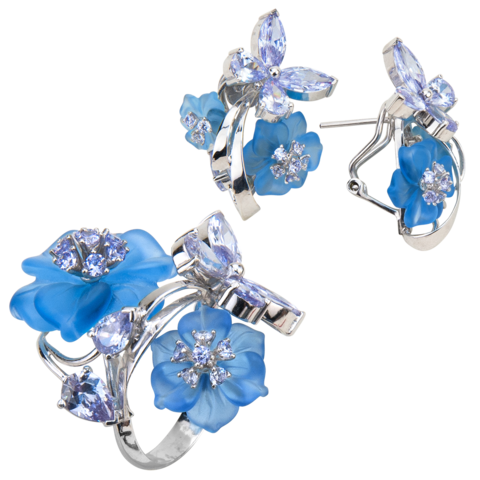 Комплект украшений с цветами из голубого кварца и кубическим цирконием цвета лаванды № 131
