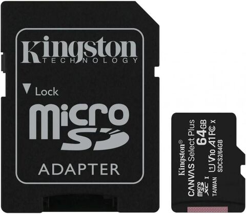 Карта памяти Kingston 64GB microSDHC Canvas Select Plus 100R A1 C10 Card + ADP - Black