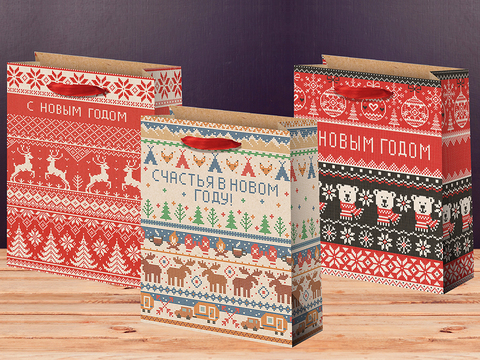 Пакет подарочный M вертикальный, Новый Год, Скандинавские мотивы, МИКС, 26*32*13 см (Д*В*Ш), 1 шт.