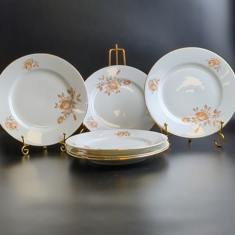 Тарелки пирожковые набор из 6 штук, фарфор, роспись, из сервиза "Коралловая роза", золочение, EPIAG D.F Чехословакия, винтаж времен СССР 1960-1990 гг