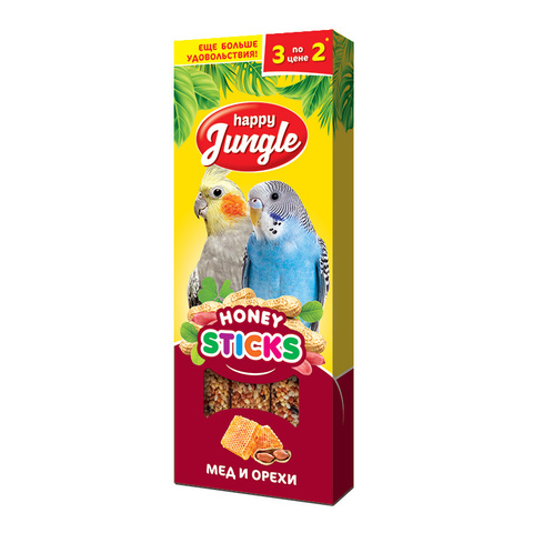 Happy Jungle палочки для птиц мед+орехи 3шт