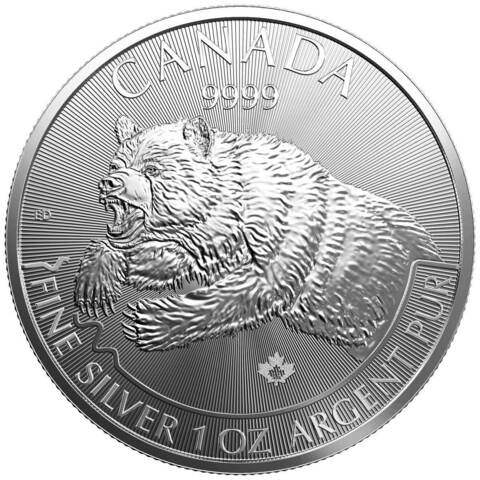 5 долларов. Медведь Гризли. Канада. 2019 год. Серебро