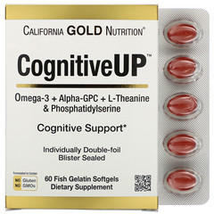 California Gold Nutrition, CognitiveUP, омега-3, альфа-ГФХ, теанин и фосфатидилсерин, 60 рыбно-желатиновых капсул