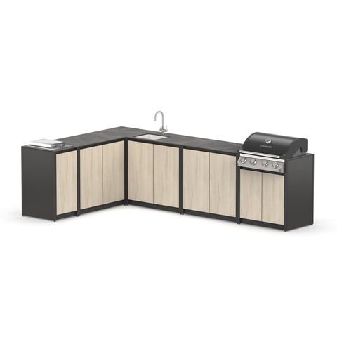 Угловая уличная кухня с грилем Lounge C-121SGP, 3.2х1.9 м, дуб сонома/черный мрамор