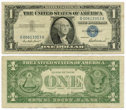 Банкнота США 1 доллар (серебряный сертификат) 1957 D 00613353 A. VF-