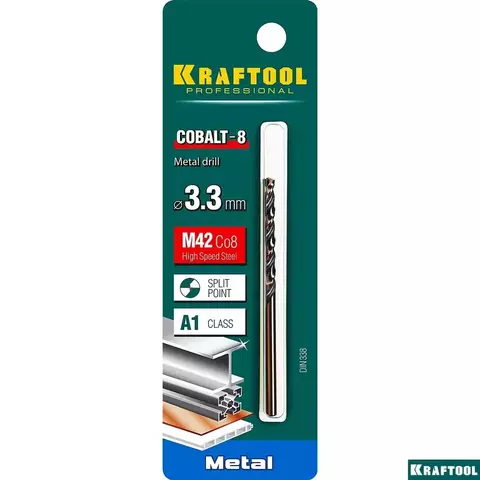 KRAFTOOL COBALT 3.3 х65мм, Сверло по металлу HSS-Co(8%) , сталь М42(S2-10-1-8)