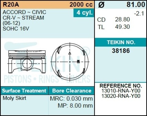 Поршень двигателя TEIKIN 38186 STD (4шт/упак)