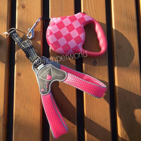 1320 Дизайнерская рулетка (поводок-лента РОЗОВАЯ) "Preppy" / Рулетка "Ромбы"