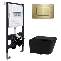Abber AC1201MB-AC0105-AC0120MMG Комплект подвесной Унитаз Abber Rechteck AC1201MB черный матовый с инсталляцией AC0105 и кнопкой AC0120MMG золото матовое фото