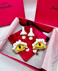 Комплект серьги + кольцо EGG with EYE в стиле Schiaparelli с белой эмалью