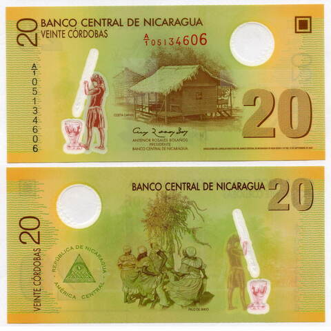 Банкнота Никарагуа 20 кордоба 2007 год A-1 05134606. UNC (пластик)