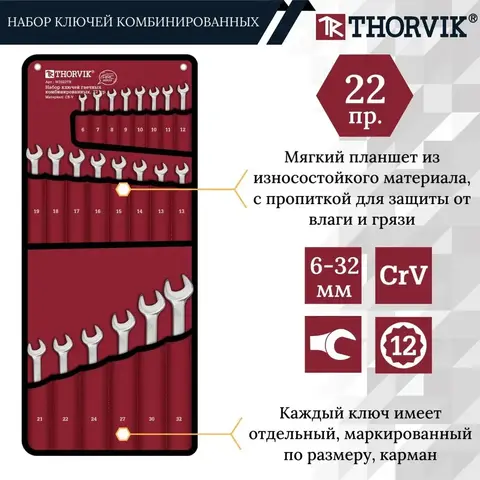 Thorvik W3S22TB Набор ключей гаечных комбинированных серии ARC, 6-32 мм, 22 предметов 52609