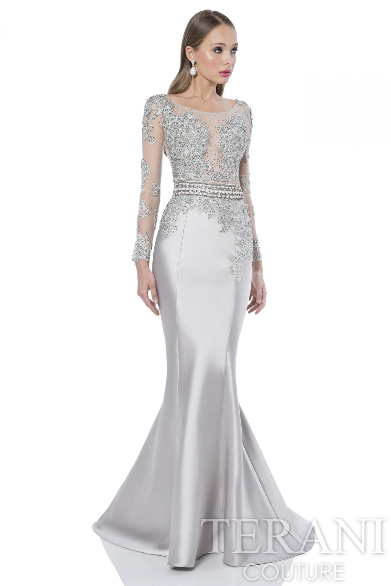 Terani Couture 1620 Платье длинное,атласное, лиф украшен камнями и стразами