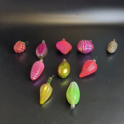 Ёлочные игрушки набор из 10 разных штук, перец, малинка, огурец и др, стекло, подвесные, ручная роспись, винтаж СССР 1970-1990 гг