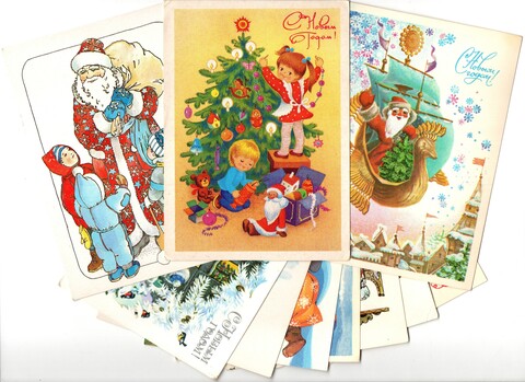 Подборка поздравительных Новогодних открыток — 10 штук— художники Похитонова, Комлев, Фирсанова и др —чистые, без повторов, винтаж времен СССР