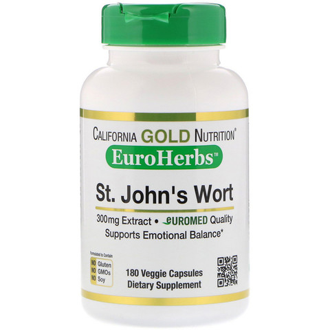 California Gold Nutrition, Экстракт зверобоя, EuroHerbs, европейское качество, 300 мг, 180 растительных капсул