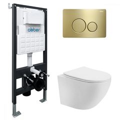 Abber AC1100T-AC0105-AC0121MMG Комплект подвесной унитаз Abber Bequem AC1100T белый с инсталляцией AC0105 и кнопкой AC0121MMG золото матовое фото