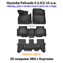 Автомобильные коврики ЭВА с бортами на 3 ряда для Hyundai Palisade II (LX3) гибрид, на 9-ти местное авто