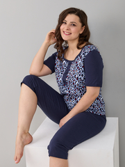 Пижама с бриджами КД-063/синий-листочки