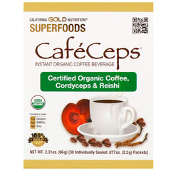 California Gold Nutrition, CafeCeps, органический растворимый кофе с кордицепсом и грибами рейши, 30 пакетиков весом 2,2 г (0,077 унции) каждый