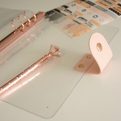 Обложка силиконовая (ПВХ) прозрачная с хлястиком из кожзама и розовым кольцевым механизмом, формат А5