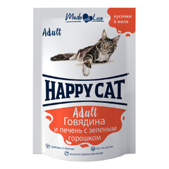 Happy Cat пауч для кошек (говядина, печень, горох) в желе (Россия) 85 гр