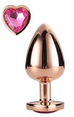 Золотистая анальная втулка с кристаллом-сердечком розового цвета - 7,1 см. - 
