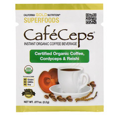 California Gold Nutrition, CafeCeps, органический растворимый кофе с кордицепсом и грибами рейши, 30 пакетиков весом 2,2 г (0,077 унции) каждый