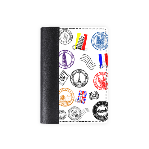 Обложка на паспорт комбинированная "Марки стран цветные" черная, белая вставка