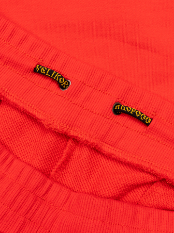 Спортивные штаны красного цвета без манжета, с лампасами. Плотный футер