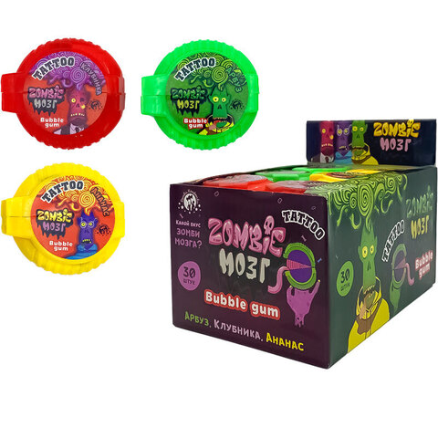 Жевательная Резинка Мозг Zombie ассорти с татуировкой рол 1кор*24бл*30шт, 12гр