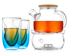 Заварочный чайник с подогревом от свечи в наборе с синими рельефными стаканами