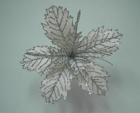 Цветок 24см ChristmasDeLuxe белый с серебряным глитером на клипсе